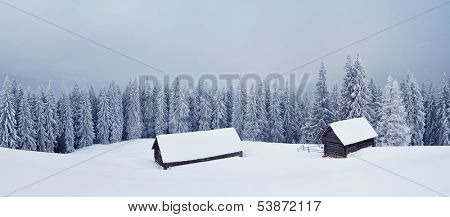 Landscape panorama of a mountain valley in the winter. Hut and barn in the mountains. Ukraine, Carpathian, the ridge Kukul