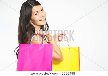 Happy Woman Shopper With Colorful Bags