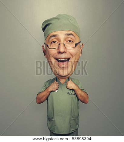 funny laughing bighead doctor in uniform over dark background