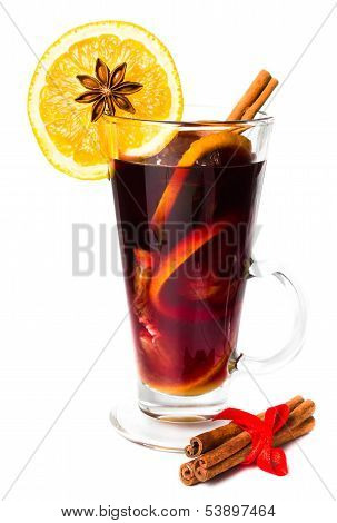 Cup Of Hot Red Mulled Wine Isolated On White Background With Christmas Spices, Orange Slice, Anise A