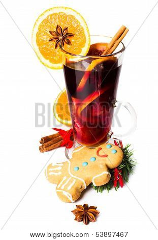 Cup Of Hot Red Mulled Wine Isolated On White Background With Christmas Spices, Orange Slice, Anise A