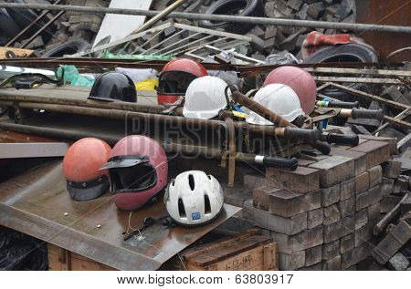 KIEV, UKRAINE - APR 19, 2014: Downtown of Kiev.Camp decoration with military items.Rioters camp.Putsch of Putsch.April 19, 2014 Kiev, Ukraine 