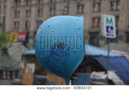 KIEV, UKRAINE - APR 19, 2014: Downtown of Kiev.Camp decoration with military items.Rioters camp.Putsch of Putsch.April 19, 2014 Kiev, Ukraine 