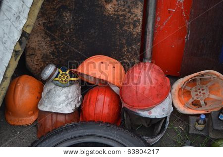 KIEV, UKRAINE - APR 19, 2014: Downtown of Kiev.Camp decoration with military items.Rioters camp.Putsch of Putsch.April 19, 2014 Kiev, Ukraine 