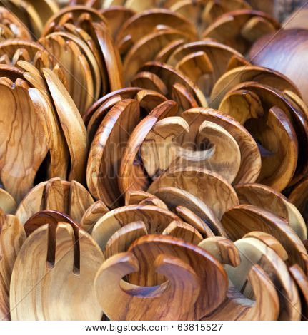 Salad spoons and forks made of olive wood on sale as tourist mementoes in Greece