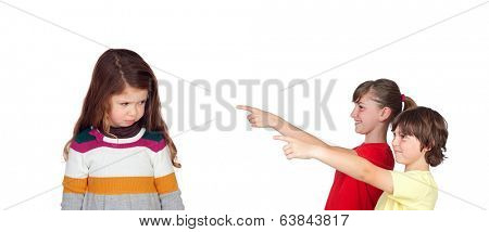 Two children laughing at a little girl isolated on white background