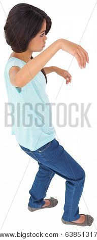 Powerless brunette in jeans and tshirt on white background