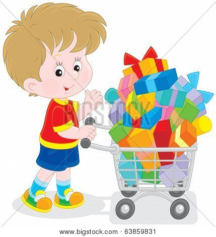 Boy with a shopping trolley of gifts