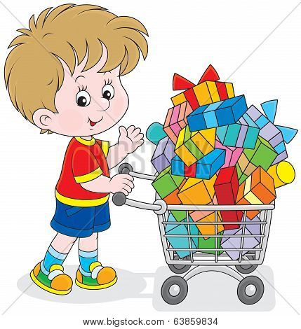 Boy with a shopping trolley of gifts