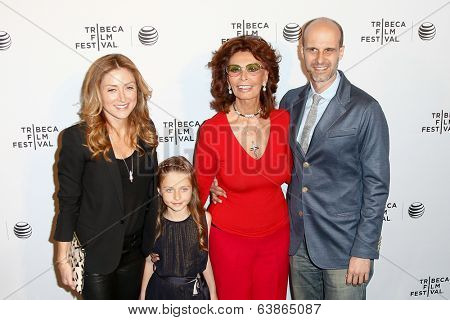 NEW YORK-APR 21: (L-R) Sasha Alexander, daughter Lucia, Sophia Loren and director Edoardo Ponti attend the Shorts Program: Soul Survivors at AMC Loews Village 7 on April 21, 2014 in New York City. 