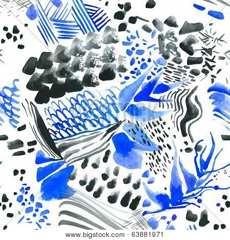 Ethnic motives ornament. Blue, black stripes, stains, brush strokes, blots.