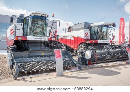 Harvesters on agricultural machinery exhibition