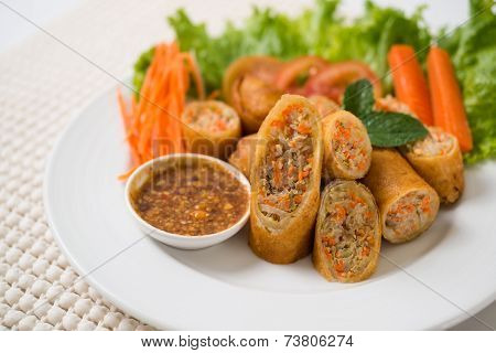 Spring Rolls With Pork Dish White Background.