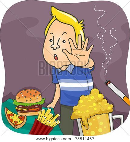 Illustration Featuring a Man Saying No to Unhealthy Food and Common Vices