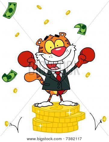 Cartoon Character animale tigre felice alated con vittoria