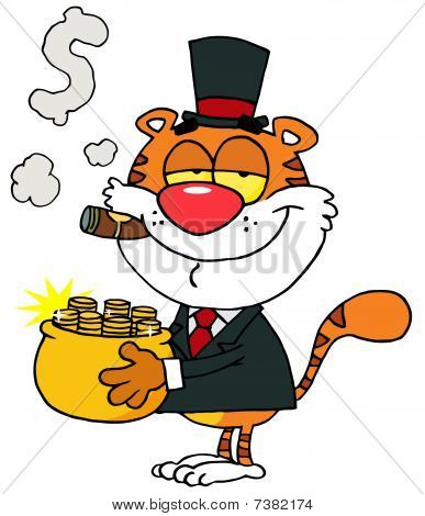 Felice Tiger che trasportano una pentola d'oro e fumando un sigaro