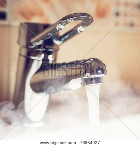 water tap with hot water steam