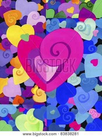 Painted decorative heart on the background of many colors, beautiful. small and large hearts.   Back
