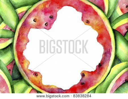 Unusual frame of ripe, juicy, red watermelon. Watercolor background.
