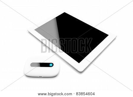 Mobile router with tablet pc. 3G or LTE network concept.
