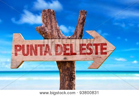Punta Del Este wooden sign with beach background