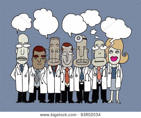 Team Of  Doctors Stand And Talk In Speech Bubbles