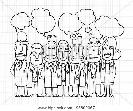 Team Of  Doctors Stand And Talk In Speech Bubbles