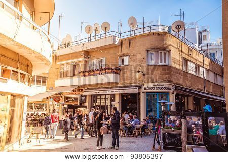 NICOSIA, CYPRUS - APRIL 13 : People in restaurants and traditional coffee shops at Ledra street on A