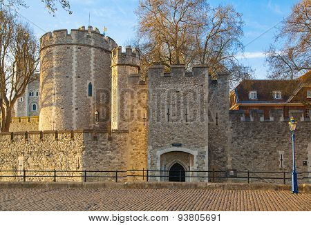 LONDON, UK - APRIL15, 2015: Tower of London at sunset lights