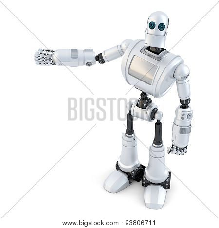 Robot Showing An Invisible Object. Isolated. Contains Clipping Path