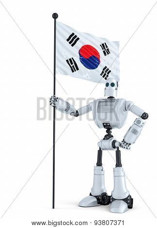 Robot Standing With Flag Of South Korea. Isolated. Contains Clipping Path