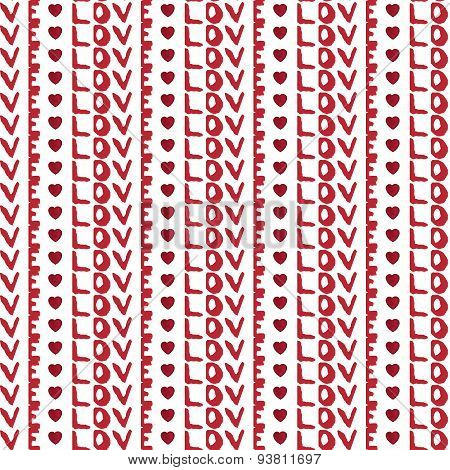 Seamless pattern with hearts and hand drawn Love lettering. Romantic watercolor texture