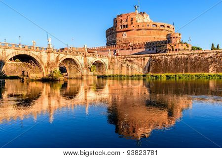 Rome Italy. Bridge and Castel Sant Angelo and Tiber River. Built by Hadrian emperor as mausoleum in 123AD ancient Roman Empire landmark.