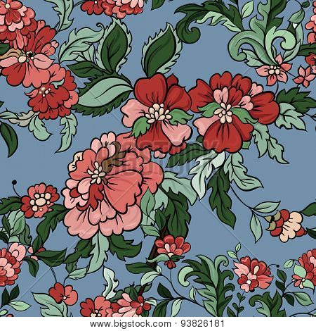 Beautiful  floral seamless pattern on blue. Vector background. 