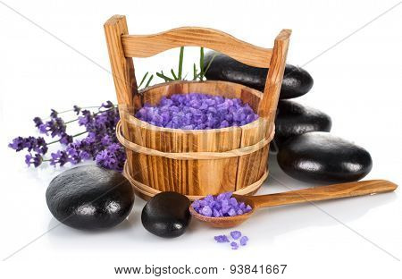 Spa still life with lavender saltl isolated on white background