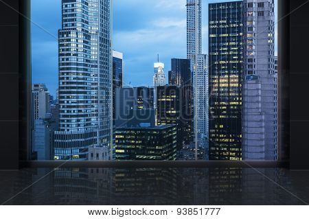 Minimalist Interrior With A Huge Window And Panoramic New York City.