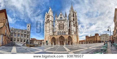 Panorama Of Plaza De Regla And Leon Cathedral, Spain