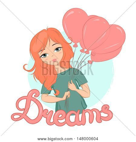 vector illustration of a cute girl with ginger hair holding balloons
