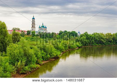 View of the bell tower of the Cathedral of of Our Saviour in Yelabuga. Russia