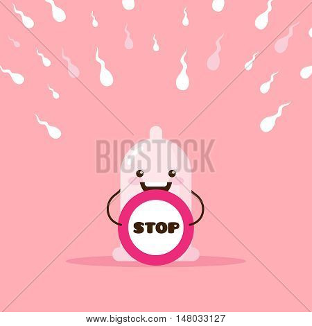 Vector cartoon condom illustration with stop sign and sperms. Comic design concept