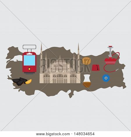 Turkish flat set design elements landmark of Istanbul Turkey. Symbols architecture and food