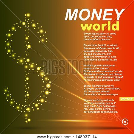 Abstract composition. Minimalistic fashion backdrop design. USA dollar sign icon. Star light rays. Orange font texture. Modern ad banner. Dots connection fiber. Financial news text. Stock vector