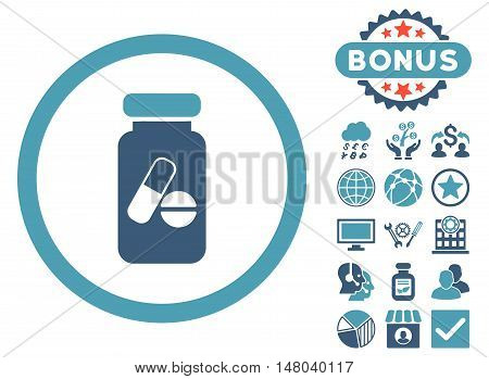 Drugs Phial icon with bonus pictures. Vector illustration style is flat iconic bicolor symbols cyan and blue colors white background.