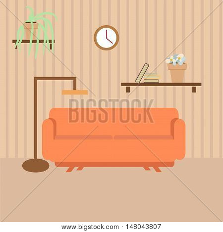 Living room with couch, lamp and book shelves in flat style