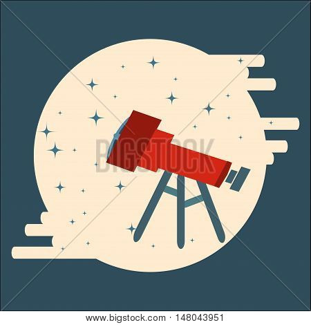 Optical telescope observing stars in circle flat style with blue backrgound