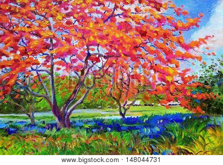 Painting oil color landscape original colorful of peacock flower tree and emotion in blue with cloud in the sky background