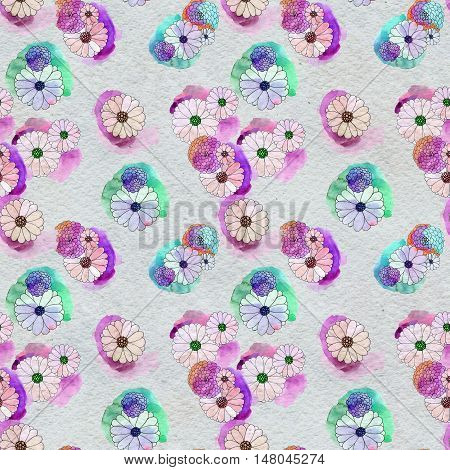 Seamless floral pattern with asters and daisy flowers. Floral watercolor background.