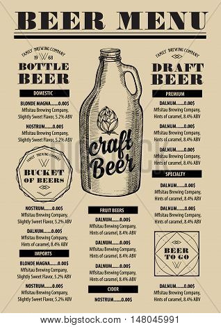 Beer menu placemat food restaurant brochure; template design. Vintage creative alcohol flyer with hand-drawn graphic.