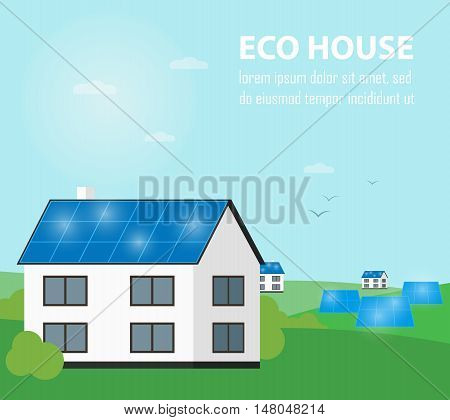 Eco house vector illustration. Solar panels on suburban home. Eco settlement. The production of energy from the sun. Green power. Modern alternative energy generation. Countryside landscape