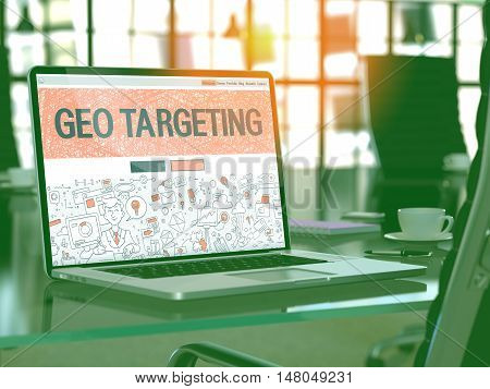 Geo Targeting Concept Closeup on Landing Page of Laptop Screen in Modern Office Workplace. Toned Image with Selective Focus. 3D Render.